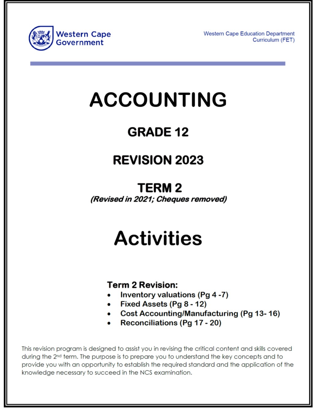 Accounting T2 2024 Gr. 2 Revision (2021 Updated) | WCED EPortal